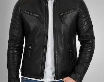 Chaqueta de cuero negra estilo motero para hombre, estilo motociclista.