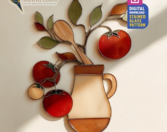 Tomato Vine Stained Glass Pattern, Tomato Suncatcher PDF Design, DIY Handcraft, Kitchen Decor, Crafting Gift