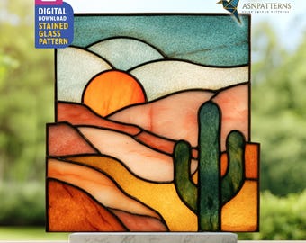 Desert Stained Glass Pattern, Desert Suncatcher Template, DIY Handcraft, Home Decor, Western Decor, Wall Art