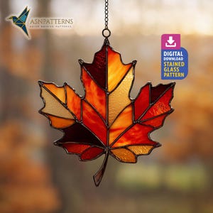Maple Leaf Stained Glass Pattern, Maple Suncatcher Template, Handmade Pattern, Fall Decor, Wall Art Glass
