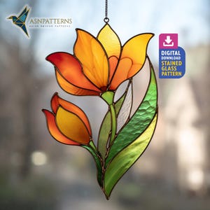 Saffron Stained Glass Pattern, Saffron Suncatcher, Stained Glass Flower, DIY Handmade, Mother Day Gift, Wall Art