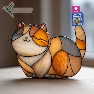 Cute Cat Stained Glass, Cute Sleeping Cat Suncatcher PDF Template, Handmade Design, Home Decor, Craft Idea For Gift