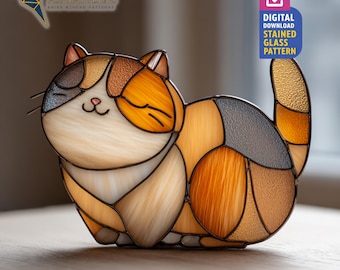 Cute Cat Stained Glass, Cute Sleeping Cat Suncatcher PDF Template, Handmade Design, Home Decor, Craft Idea For Gift