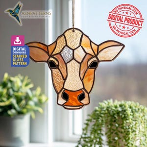 Gebrandschilderd glaspatroon koeienkop, sjabloon koe hoofd Suncatcher, woondecoratie, doe-het-zelfproject, kunst aan de muur