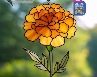 Marigold Flower Stained Glass Pattern, Birth Flower Suncatcher PDF Template, DIY Glass Craft, Home Decor, Wall Art