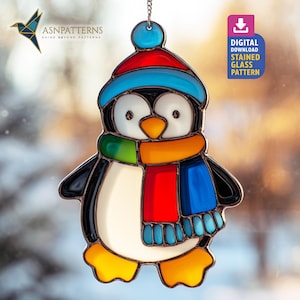 Patrón de vitral de pingüino, plantilla PDF de atrapasol de pingüino, artesanía de vidrio DIY, decoración de invierno, arte mural