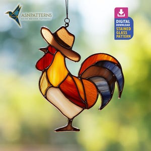 Modèle de vitrail de coq de cow-boy, modèle PDF attrape-soleil de coq rustique, créations artisanales, décoration de ferme, art mural