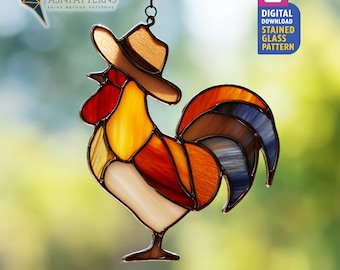 Cowboy Rooster Stained Glass Pattern, Rustic Rooster Suncatcher PDF Template, DIY Hand Craft, Farm Decor, Wall Art