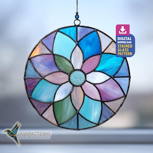 Flower In Circle Stained Glass Pattern, Mandala Flowers Suncatcher Template, DIY Handmade Pattern, Home Decor, Wall Art Hanging