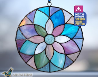 Flower In Circle Stained Glass Pattern, Mandala Flowers Suncatcher Template, DIY Handmade Pattern, Home Decor, Wall Art Hanging