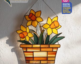 Basket Flower Stained Glass Pattern, Daffodil Flower Suncatcher PDF Template, DIY Handmade, Home Decor, Craft Design