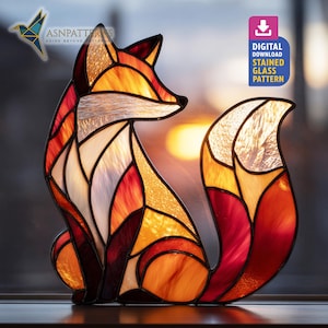 Rode vos gebrandschilderd glaspatroon, Fox Suncatcher pdf-sjabloon, DIY glaskunst, herfstdecor, kunst aan de muur