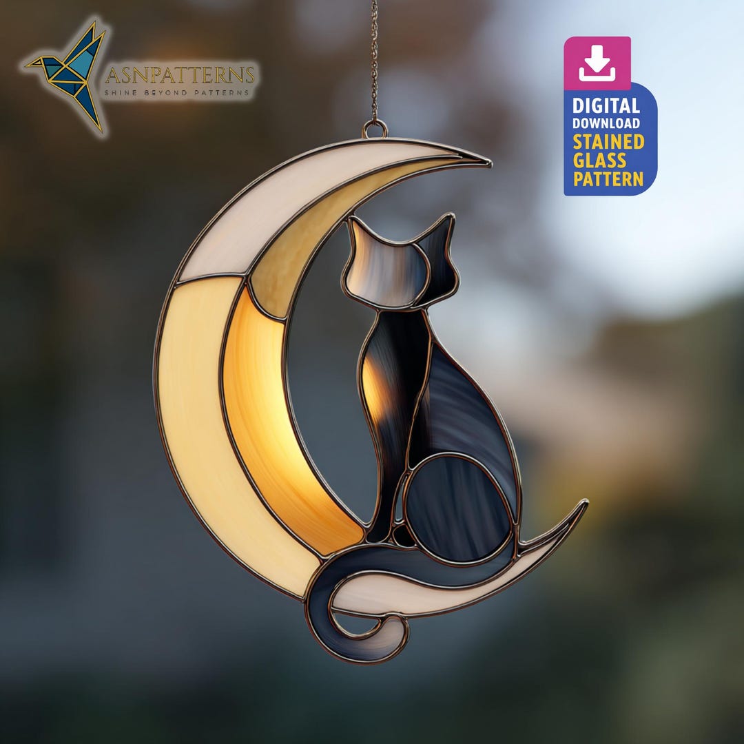 Cat on Moon Stained Glass Pattern, Black Cat Suncatcher Template, DIY ...