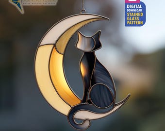 Cat On Moon Stained Glass Pattern, Black Cat Suncatcher Template, DIY Handmade, Halloween Decor, Wall Art