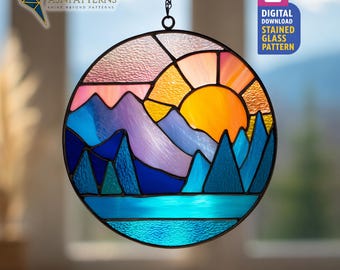 Mountain Lake Stained Glass Pattern, Mountain Suncatcher Template, PDF DIY Glass Craft, Home Decor, Wall Art
