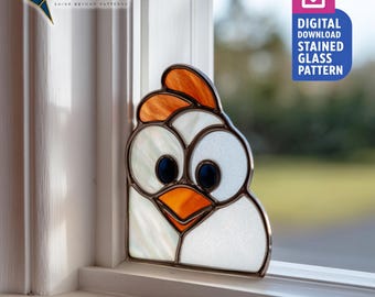 Peaking Rooster at the Corner Stained Glass Pattern, Rooster Suncatcher PDF Template, Home Decor, Handmade Idea