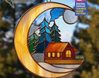 Cabin And Tree Stained Glass Pattern, Cabin Suncatcher Template, DIY Hand Craft, Home Decor, Crafting Gift