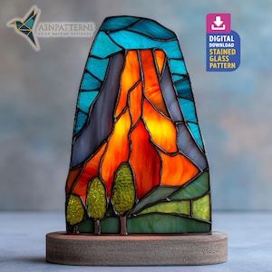 Vulkaan gebrandschilderd glaspatroon, Fire Mountain Suncatcher-sjabloon, PDF DIY Glass Craft, woondecoratie, kunst aan de muur