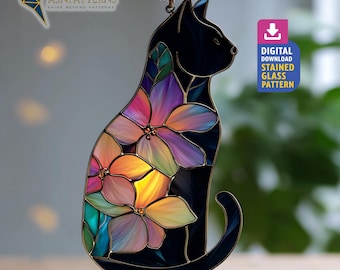 Black Cat Stained Glass Pattern, Black Cat Suncatcher, Stained Glass Black Cat Flower, DIY Handmade, Home Decor, Wall Art