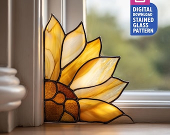 Corner Sunflower Stained Glass Pattern, Sunflower Suncatcher PDF Template, Home Decor, Wall Art