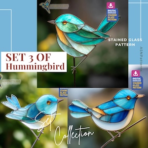Set 3 Of Bird Plant Stakes Stained Glass Pattern, Bird Suncatcher PDF Template, DIY Handmade, Home Decor, Wall Art
