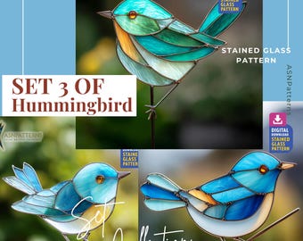 Set 3 Of Bird Plant Stakes Stained Glass Pattern, Bird Suncatcher PDF Template, DIY Handmade, Home Decor, Wall Art