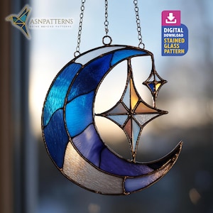 Crescent Moon And Star Stained Glass Pattern, Moon And Star Suncatcher, Stained Glass Flower, DIY Glass Craft, Home Decor, Crafting Gift