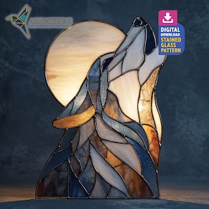 Patrón de vitral "Lobo aullando bajo la luna", atrapasol de lobo y luna, lobo de vitral, manualidades de vidrio DIY, decoración del hogar, arte mural
