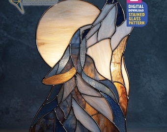 Howling Wolf Under The Moon Stained Glass Pattern, Wolf and Moon Suncatcher, Stained Glass Wolf, DIY Glass Craft, Home Decor, Wall Art