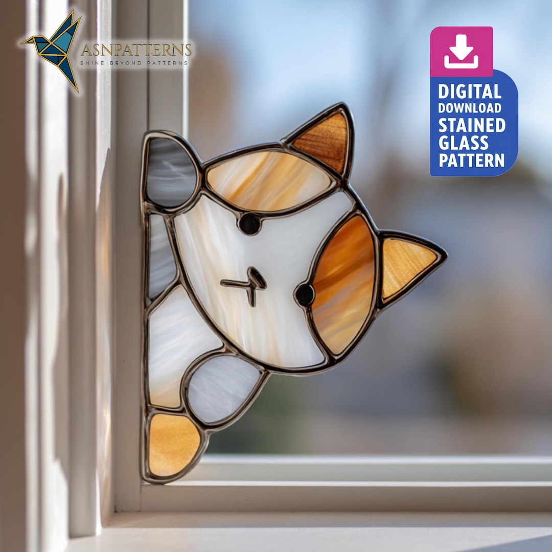 Peaking Cat Stained Glass Pattern, Cat Corner Suncatcher PDF Template ...
