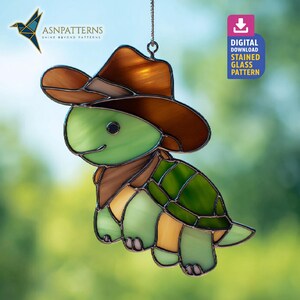 Cowboy Turtle Stained Glass Pattern, Western Turtle Suncatcher PDF Template, DIY Hand Craft, Rustic Decor, Wall Art