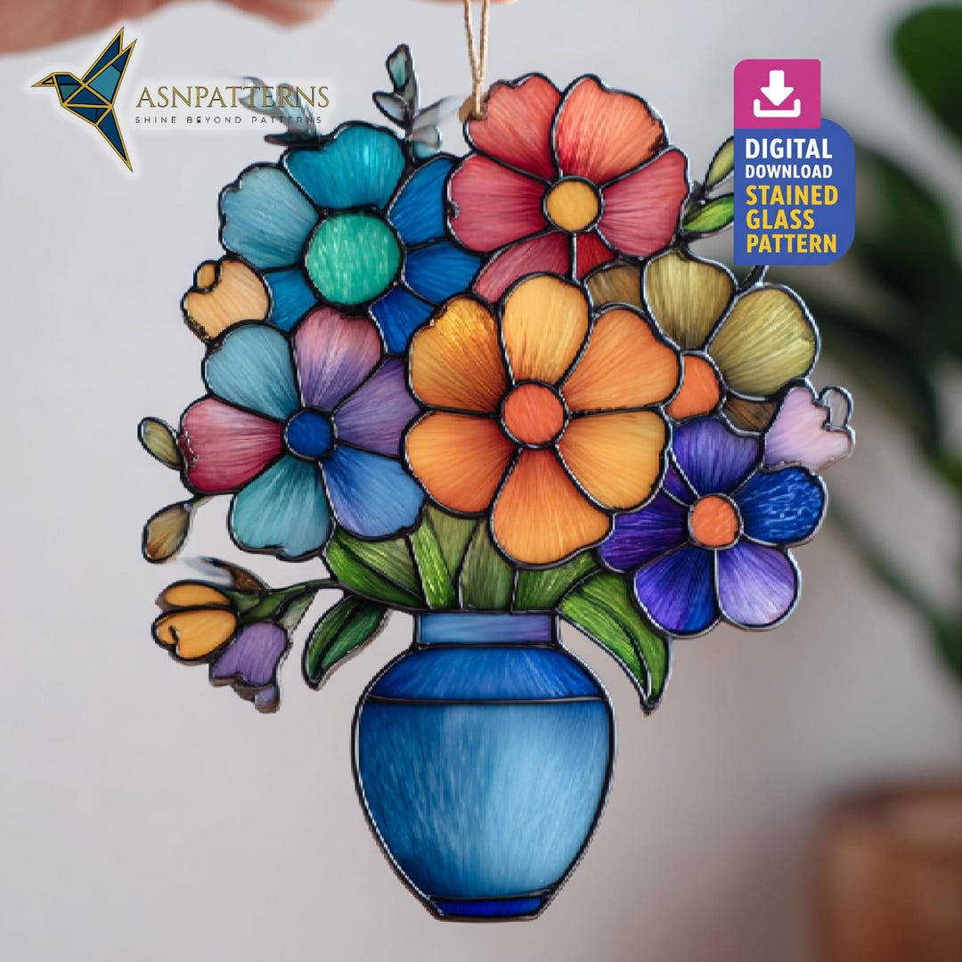 Blue Vase With Flower Stained Glass Pattern, Flower Vase Suncatcher PDF ...