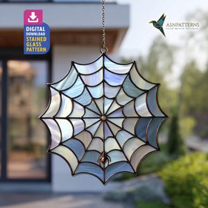 Spider Web Stained Glass Pattern, Spider Web Suncatcher Template, DIY Handcraft, Halloween Decor, Wall Art