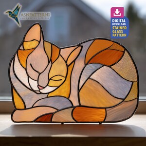 Sleeping Cat Stained Glass Pattern, Cute Cat Suncatcher Template, DIY Handmade, Pet Decor, Wall Art