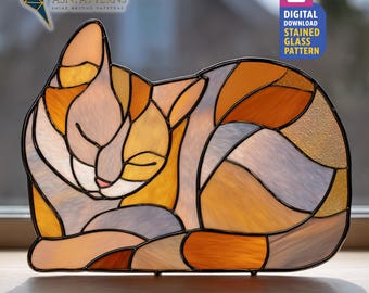 Sleeping Cat Stained Glass Pattern, Cute Cat Suncatcher Template, DIY Handmade, Pet Decor, Wall Art