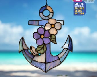 Floral Anchor Stained Glass Pattern, Anchor Suncatcher Template, DIY Handcraft, Handmade For Gift, Home Decor, Wall Art