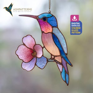 Hummingbird On Flower Stained Glass Pattern, Hummingbird Suncatcher, Stained Glass Hummingbird, DIY Handmade, Home Decor, Wall Art