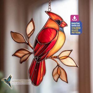 Rode kardinaal glas in lood patroon, kardinaal vogel Suncatcher sjabloon, DIY handgemaakt patroon, woondecoratie, kunst aan de muur opknoping