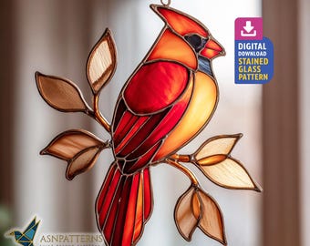 Red Cardinal Stained Glass Pattern, Cardinal Bird Suncatcher Template, DIY Handmade Pattern, Home Decor, Wall Art Hanging