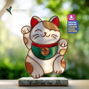 Glückskatze Buntglasmuster, Katze Suncatcher Vorlage, DIY Handgemacht, Geschäftsdekor, Wandkunst