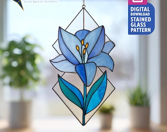 Blue Lily Stained Glass Pattern for DIY Suncatcher and Lily Flower Window Decor