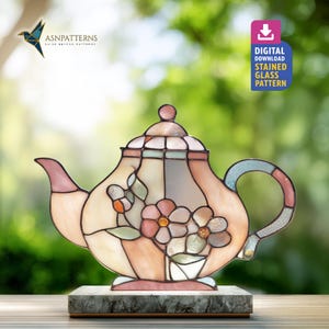 Padrão de vitral com bule de chá vintage e flores, design vintage para apanhador de sol, faça você mesmo, decoração para casa, molde para artesanato