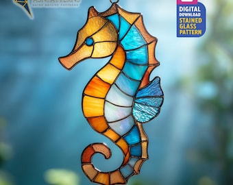 Seahorse Stained Glass Pattern, Blue Seahorse  Suncatcher PDF template, Nautical Suncatcher Design, Beach Decor, Wall Art