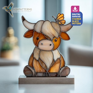 Highland Cow With Butterfly Stained Glass, Cute Highland Cow Suncatcher, Stained Glass Cow, Stained Glass Pattern, Home Decor, Crafting Gift