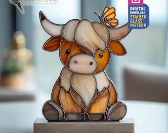 Highland Cow With Butterfly Stained Glass, Cute Highland Cow Suncatcher, Stained Glass Cow, Stained Glass Pattern, Home Decor, Crafting Gift