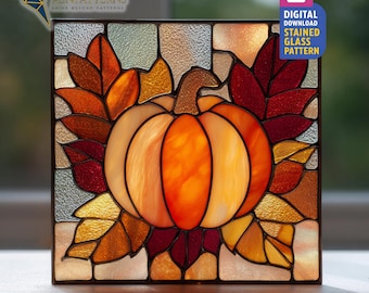 Pumpkin Stained Glass Pattern, Autumn Pumpkin Suncatcher Template, DIY Glass Craft, Fall Decor, Wall Art