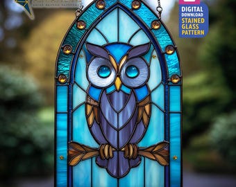 Gothic Owl Stained Glass Pattern, Blue Owl Suncatcher PDF Template, DIY Glass Craft, Home Decor, Wall Art