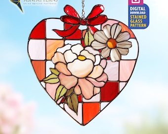 Gingham Heart Stained Glass Pattern, Holiday Gingham Suncatcher PFD Template, DIY Handmade, Home Decor, Crafting Design