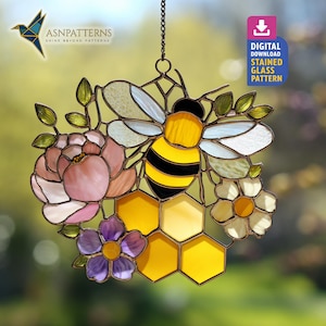 Honey Bee With Flowers Stained Glass Pattern, Floral Bee Suncatcher Template, DIY Glass Craft, Home Decor, Wall Art