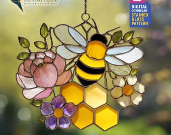 Honey Bee With Flowers Stained Glass Pattern, Floral Bee Suncatcher Template, DIY Glass Craft, Home Decor, Wall Art